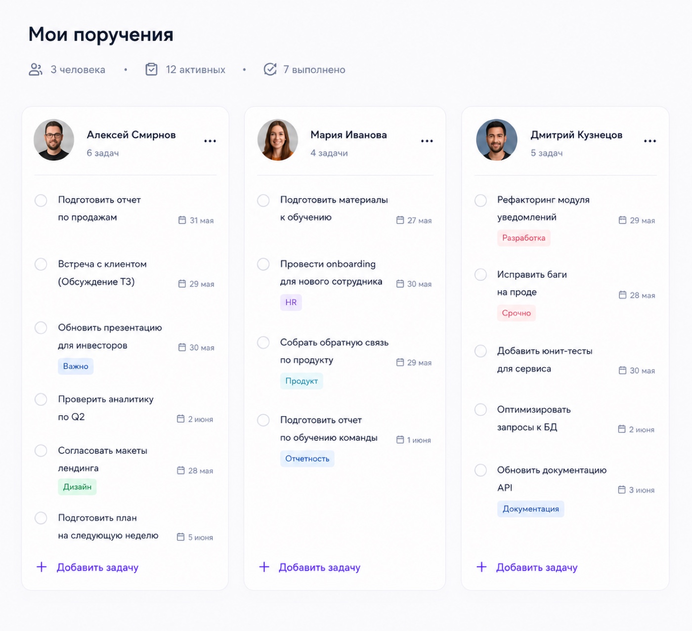Карточки участников с назначенными задачами